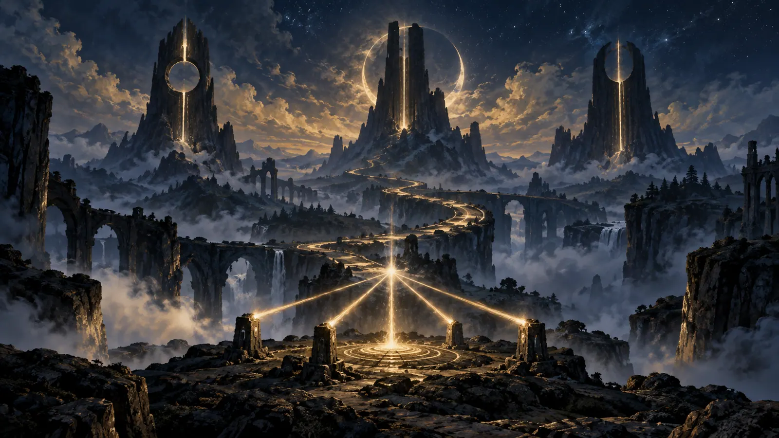 Conceptual path joining three distant monoliths and four points of light