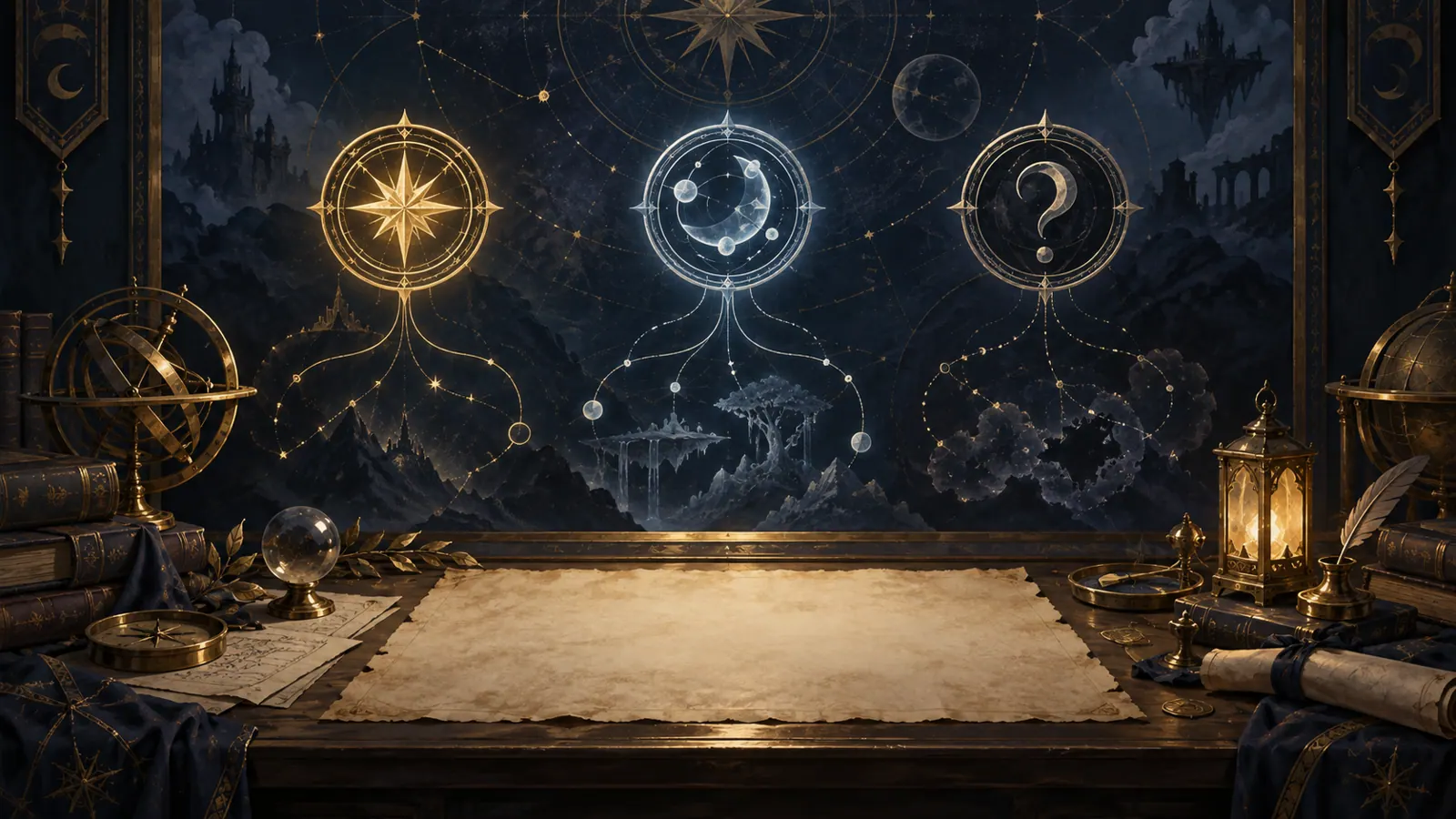 Conceptual research desk with three distinct evidence emblems