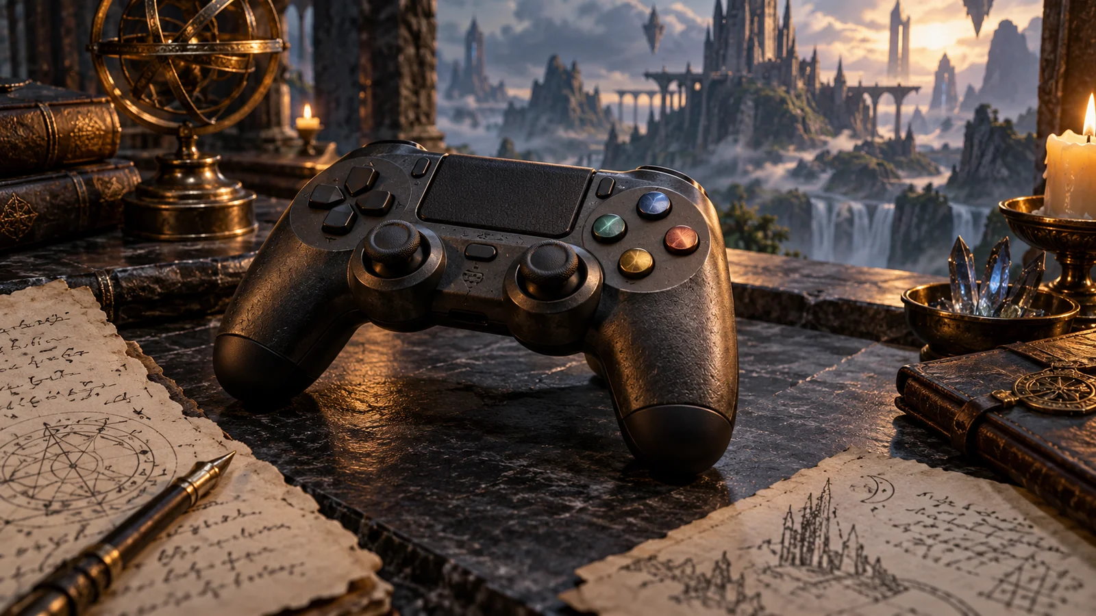 Original conceptual artwork of an unbranded game controller on a research desk