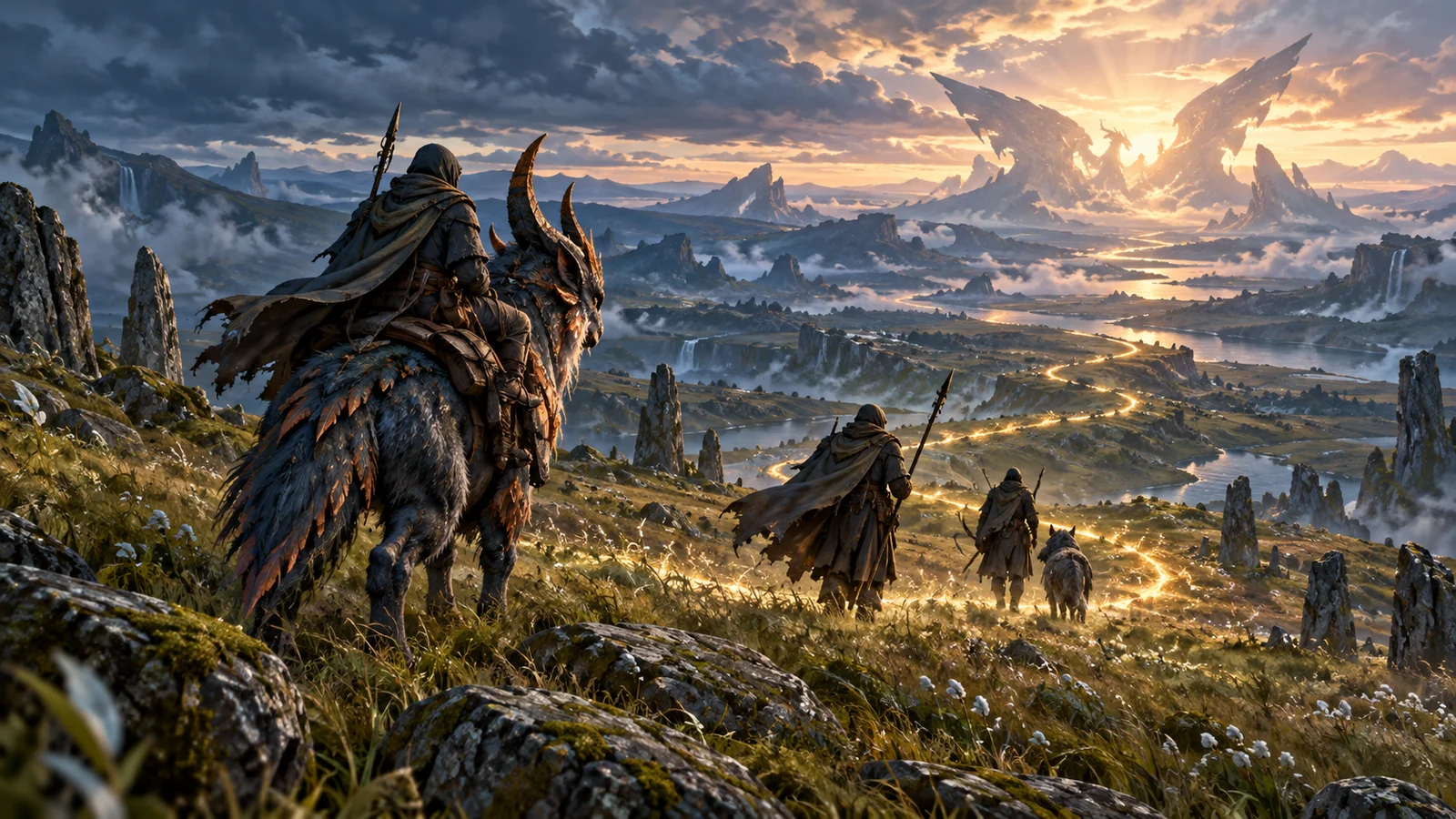 Original conceptual illustration of a rider and companions following a trail across a mythic landscape