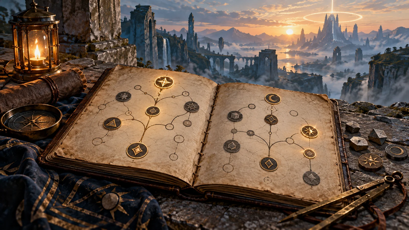 Original conceptual illustration of an open journal with abstract branching symbols