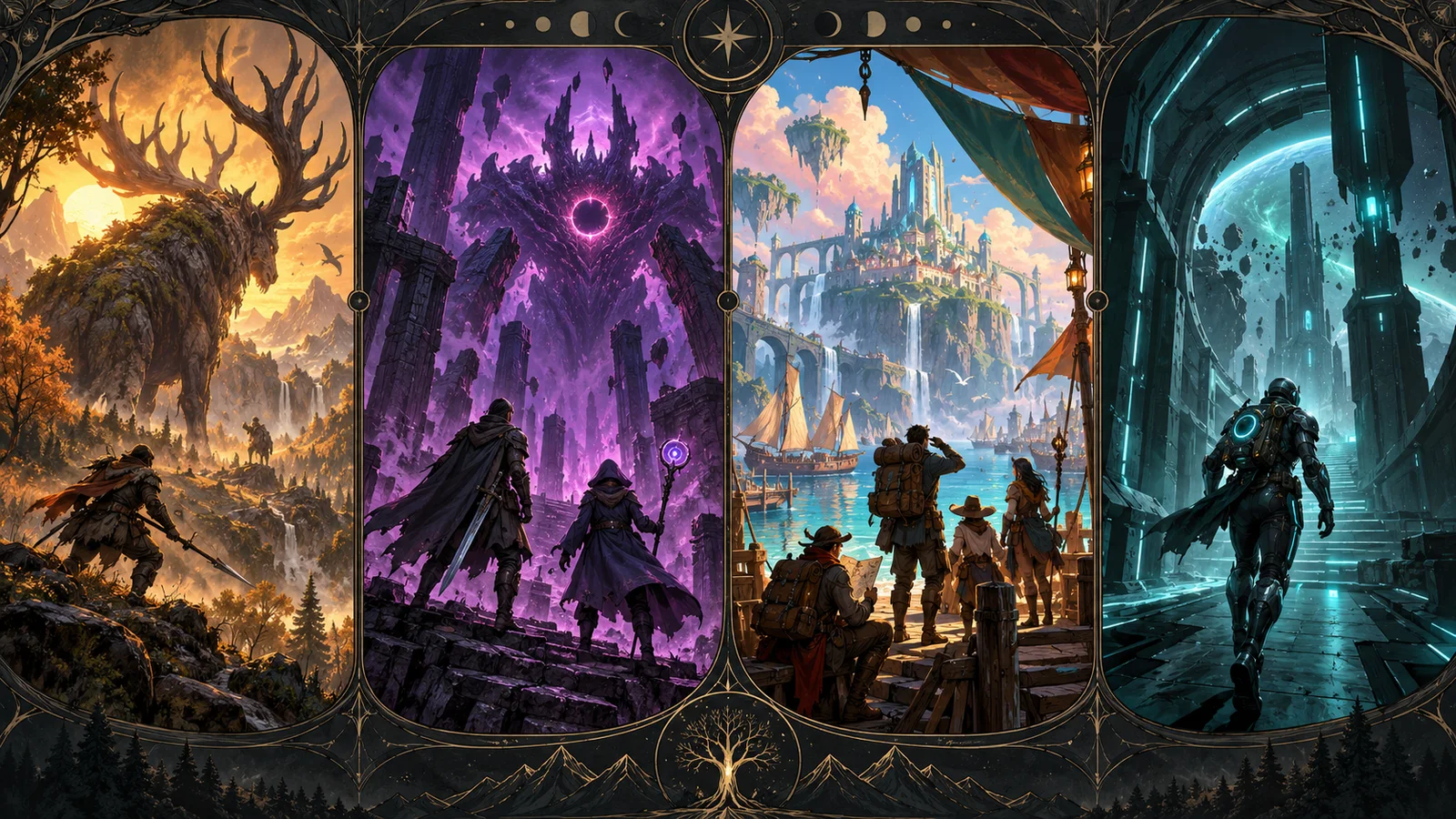 Original four-part metaphor for creature hunts, boss runs, character quests and science-fiction action