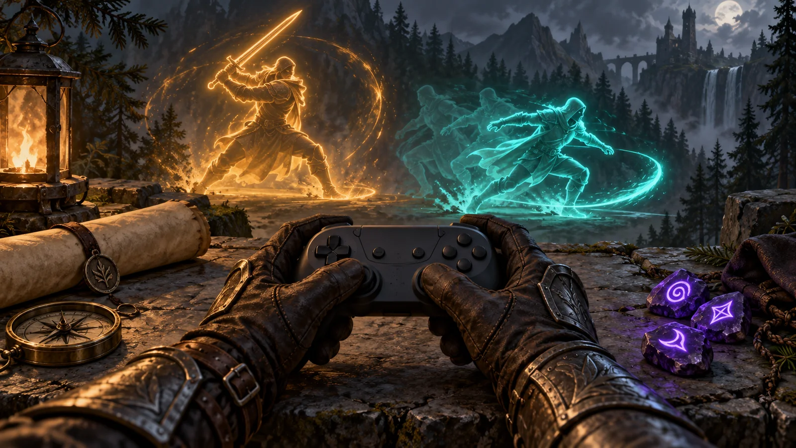 Original metaphor showing a controller beside charged action and movement silhouettes