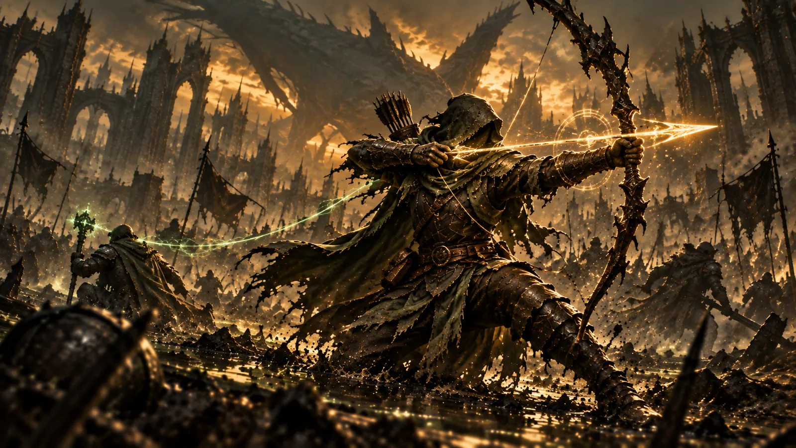 Original editorial illustration of an anonymous archer using a luminous shot with a subtle support link to an ally