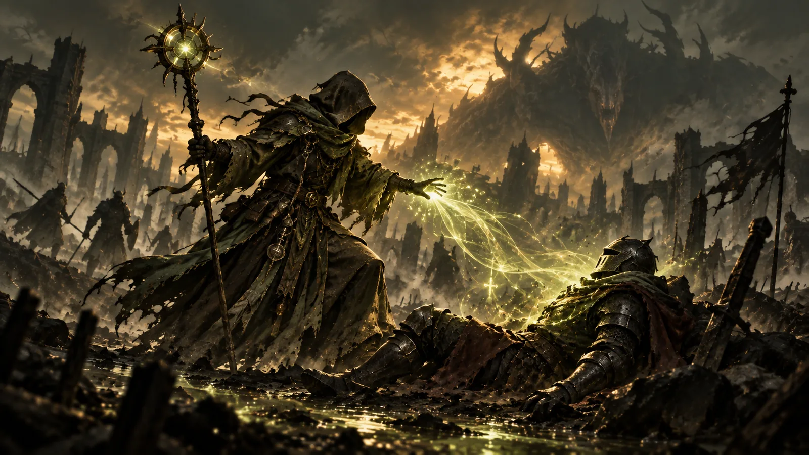 Original editorial illustration of an anonymous ranged support restoring a fallen ally in a dark fantasy battlefield