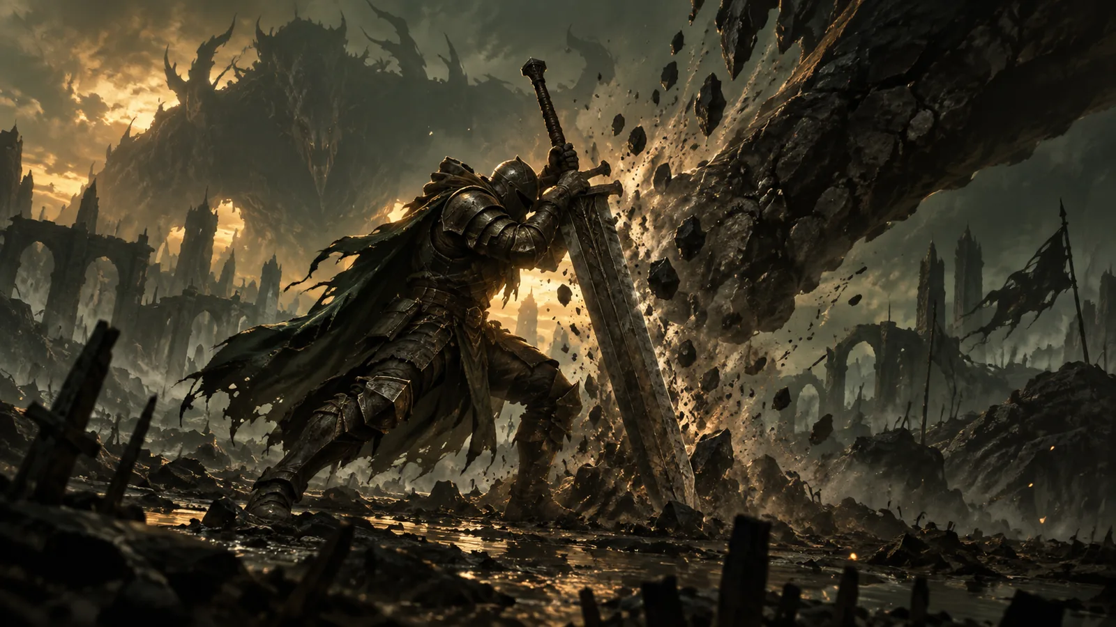 Original editorial illustration of an anonymous frontline fighter bracing a greatsword against a colossal impact